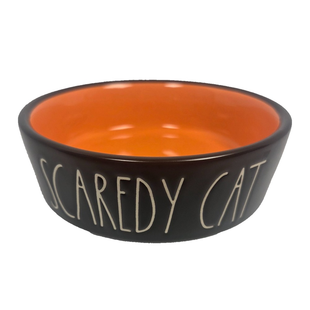 Rae Dunn SCAREDY CAT Black Orange Halloween Cat Pet Bowl Dish 5" New